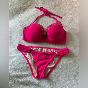 VS Hot Pink W Gold Embellished Push-Up Bikini Top & Bottom Set 32DD & Medium